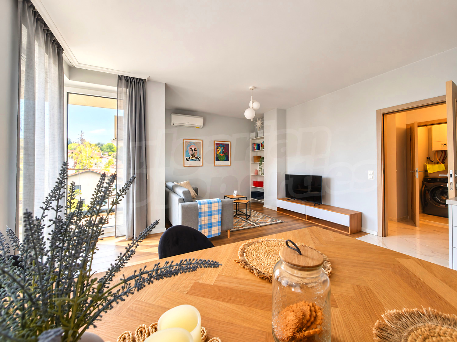 inside, living room, furnished, view from balcony
