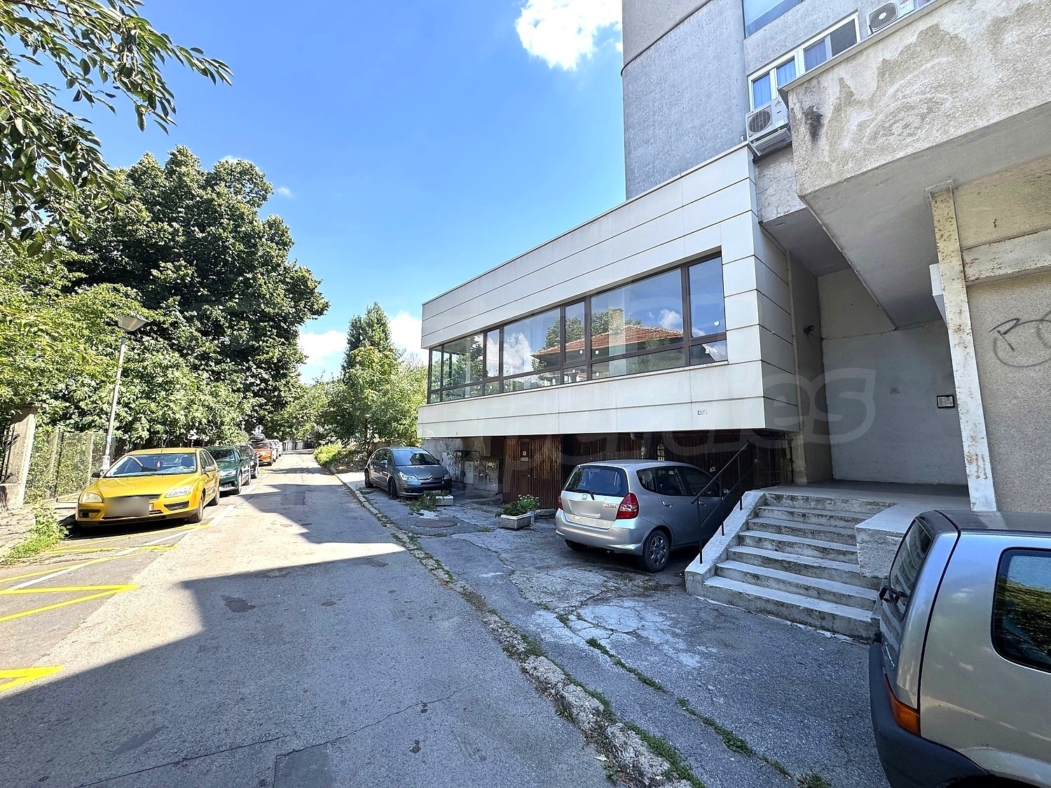 outside, parking, facade, green area