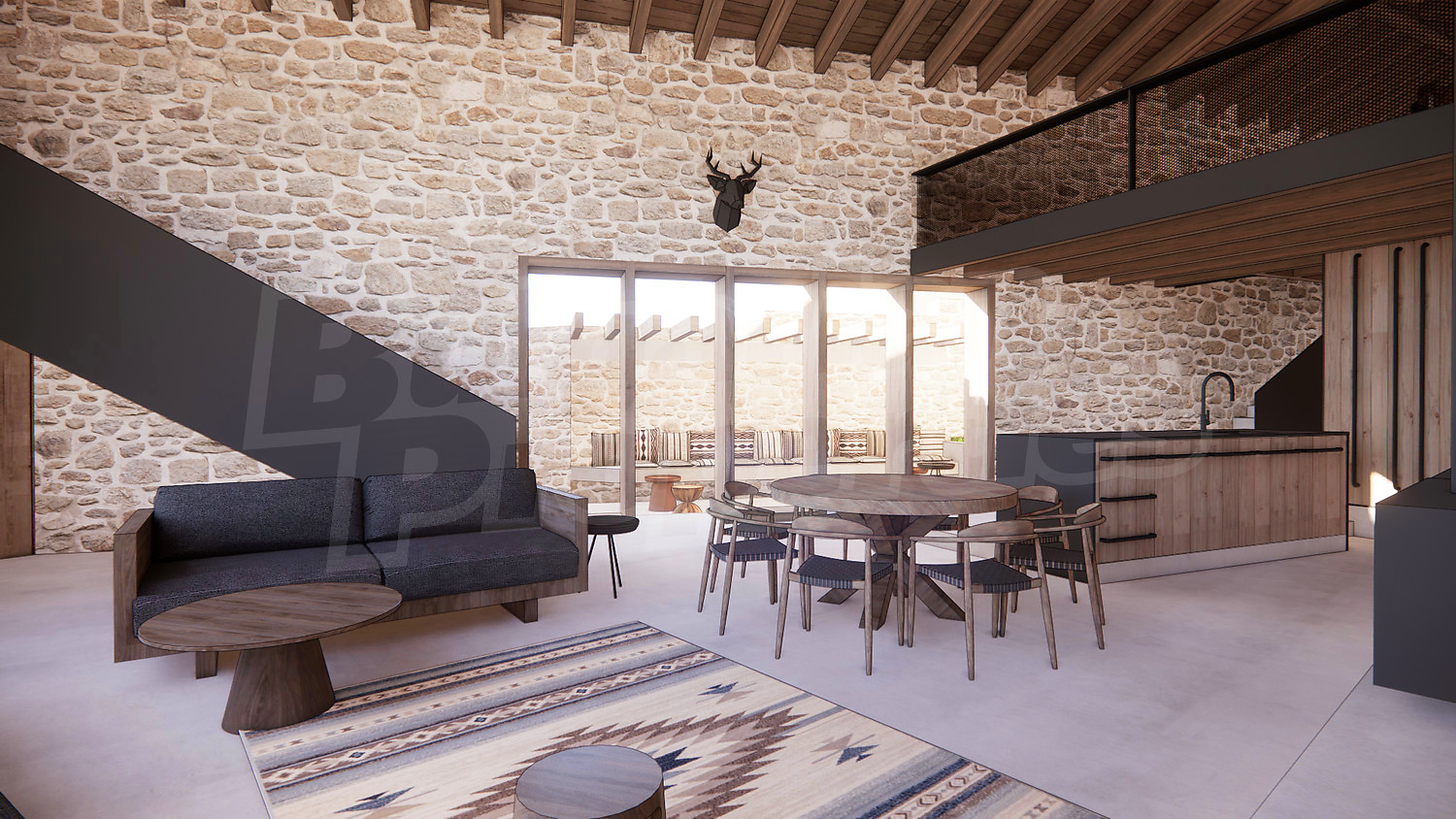 inside, living room, kitchen, furnished
