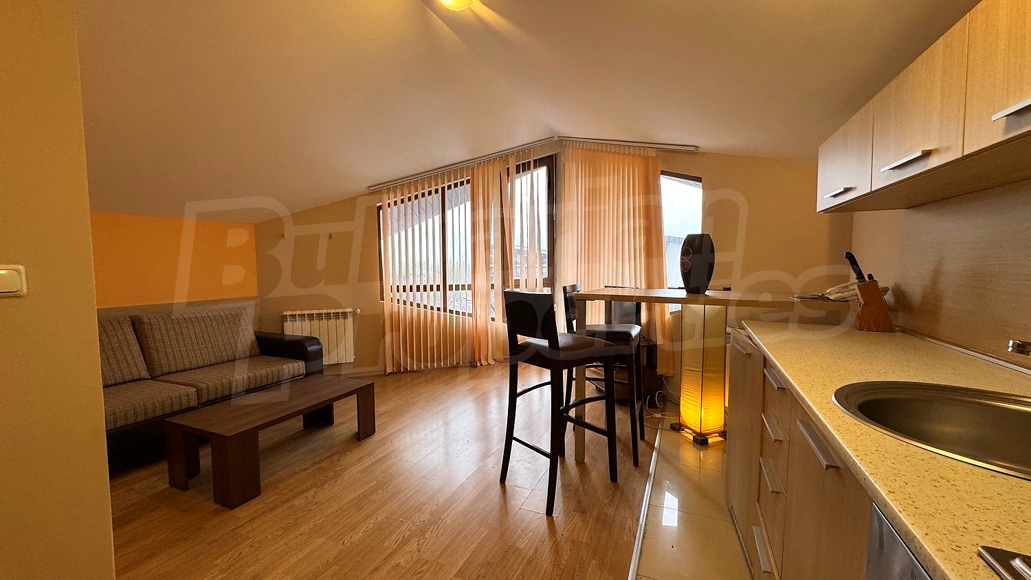 inside, kitchen, living room, furnished