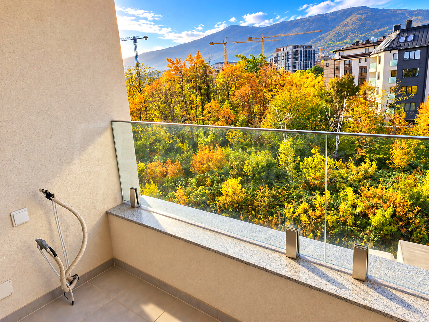 balcony, view from balcony, mountain, green area