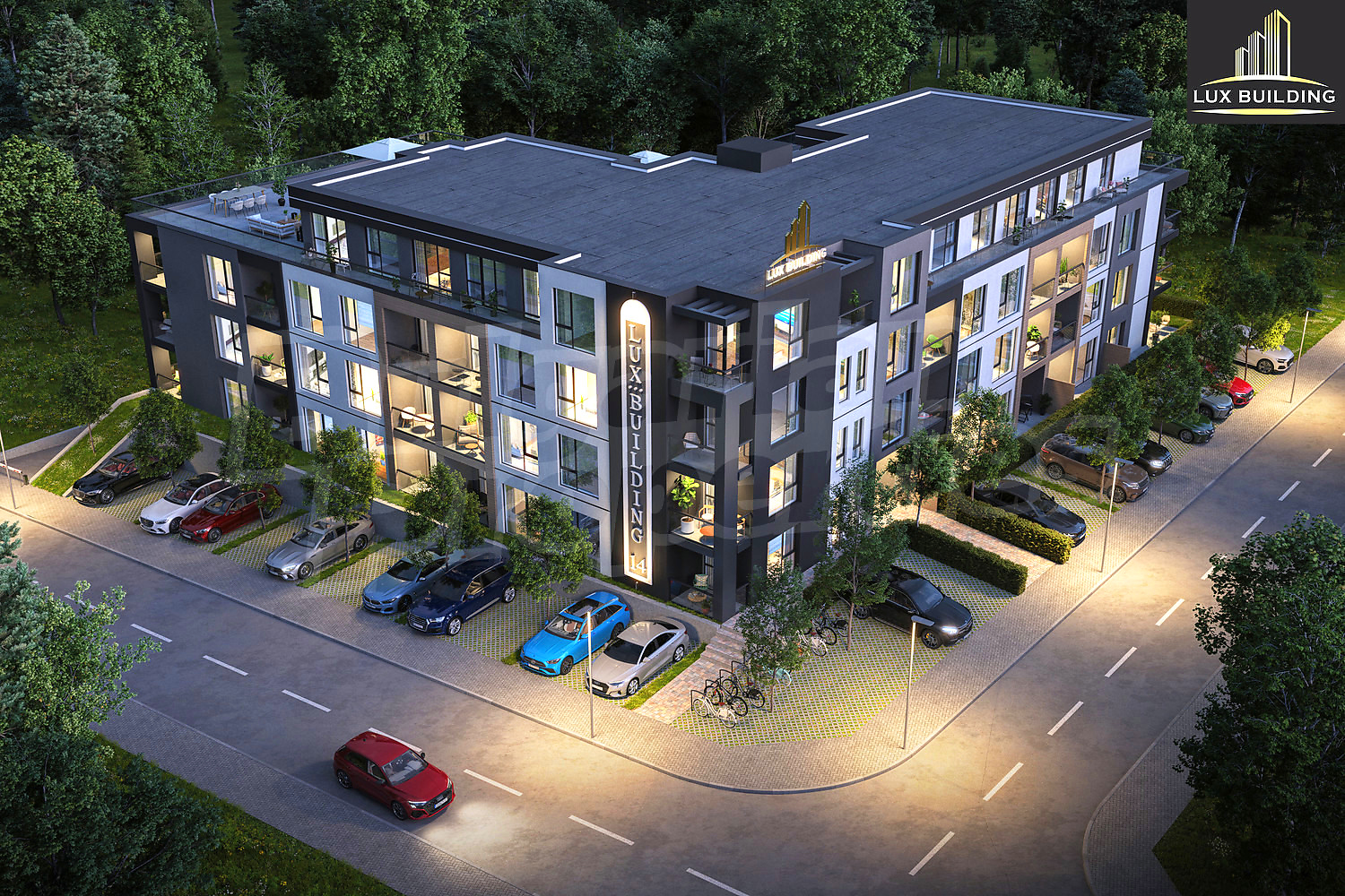facade, parking, green area