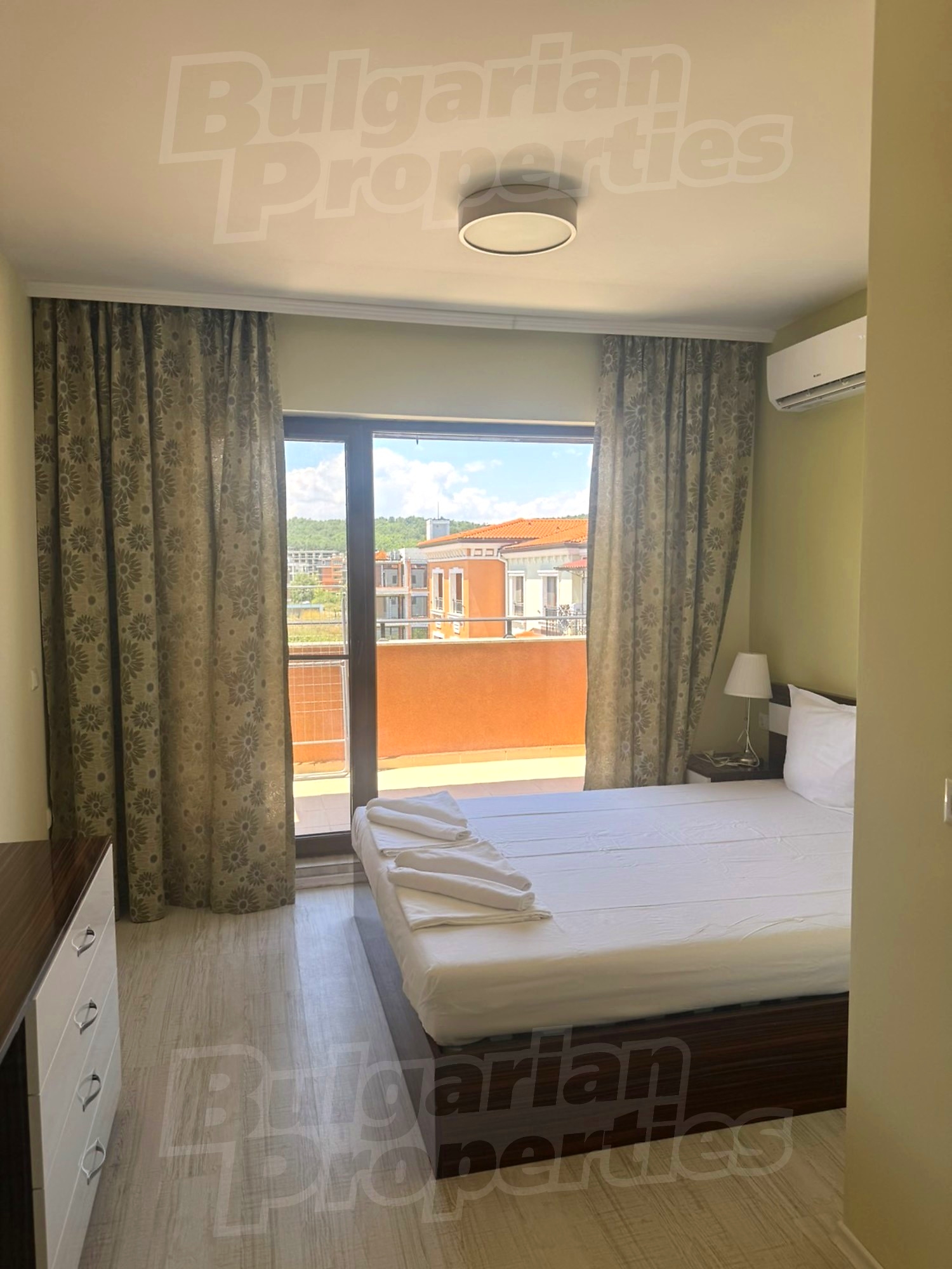inside, bedroom, furnished, view from balcony