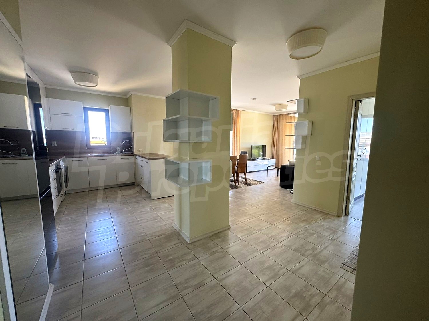 inside, kitchen, living room, furnished