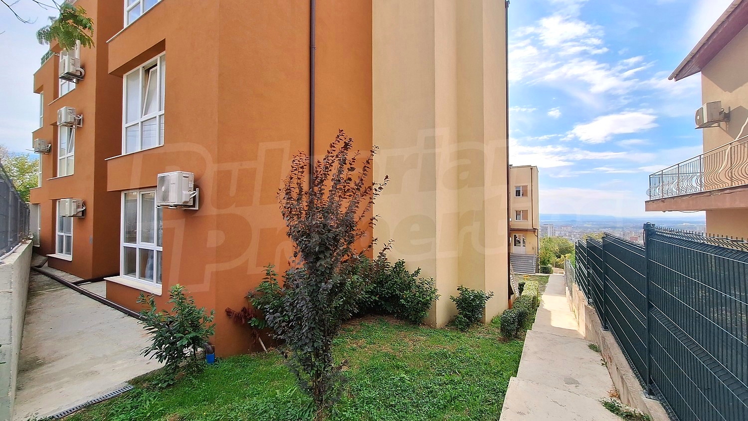 facade, outside, view from balcony, garden