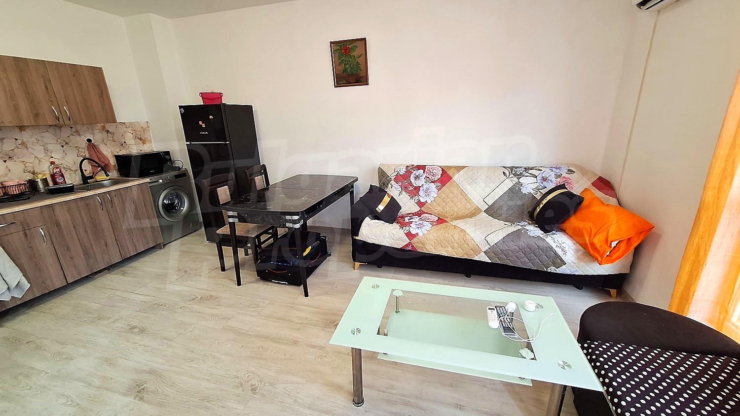 inside, kitchen, living room, furnished