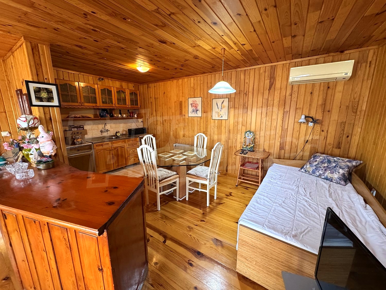 inside, kitchen, living room, furnished