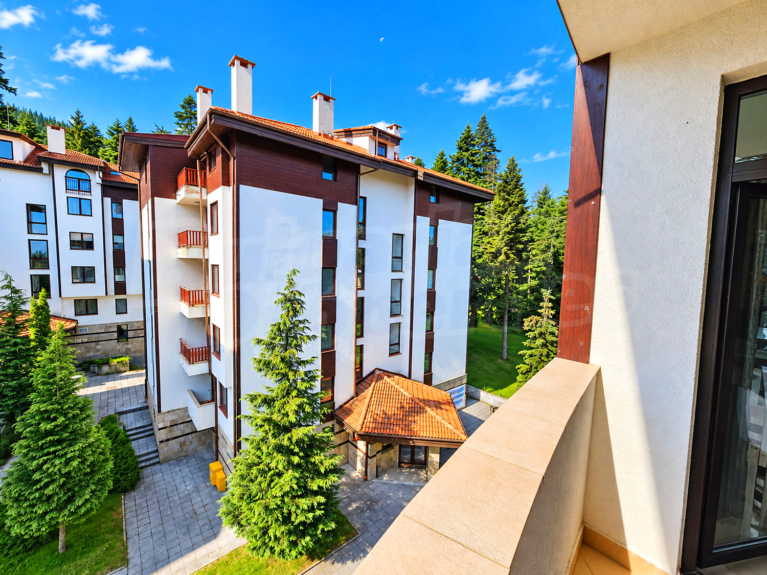 outside, view from balcony, facade, green area