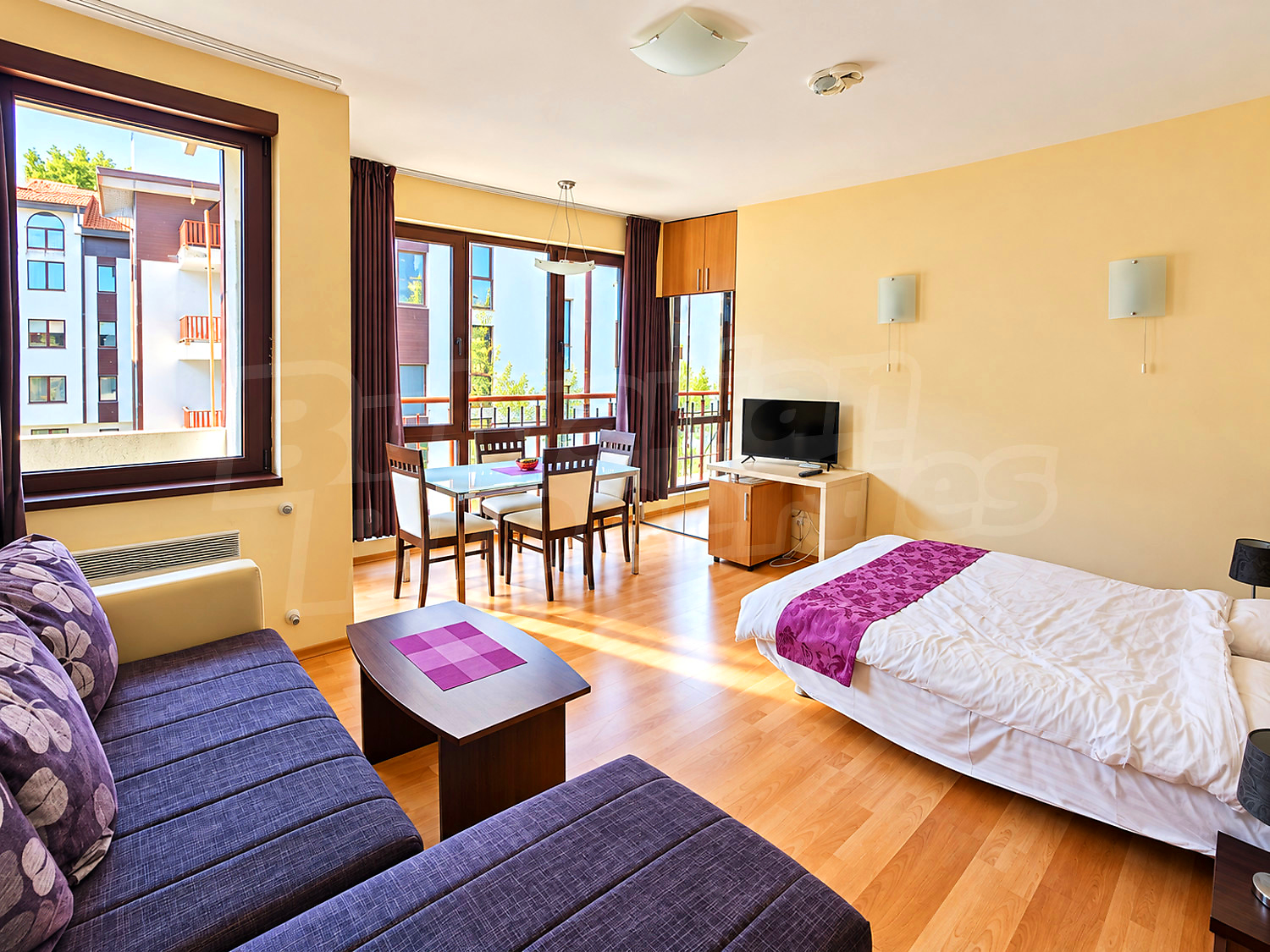 inside, living room, bedroom, view from balcony, furnished