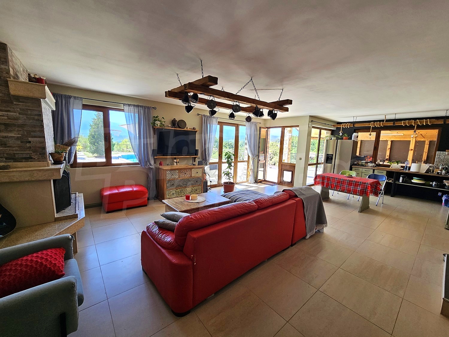 inside, living room, kitchen, furnished, view from balcony