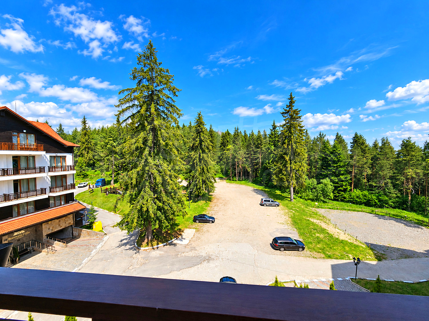 outside, view from balcony, mountain, green area