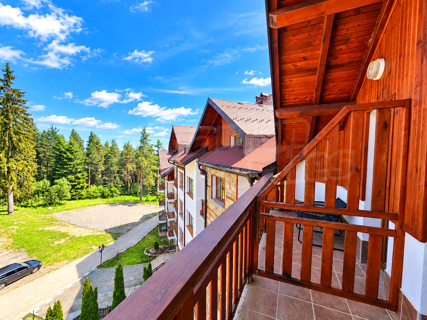 outside, view from balcony, mountain, green area