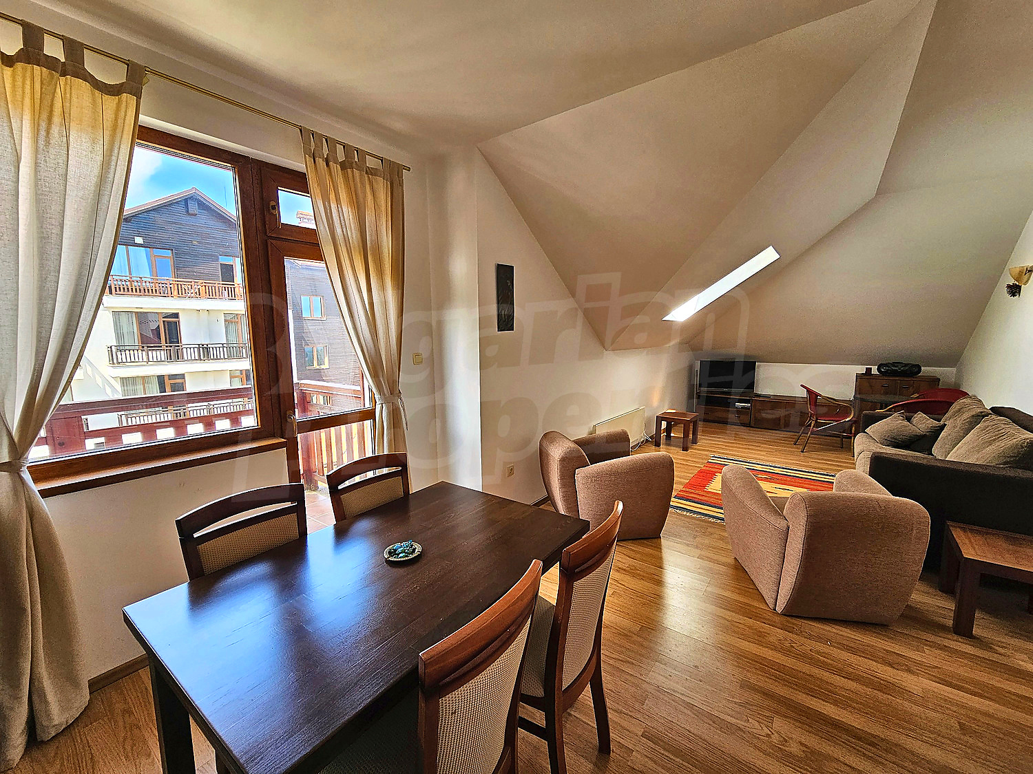 inside, living room, furnished, view from balcony