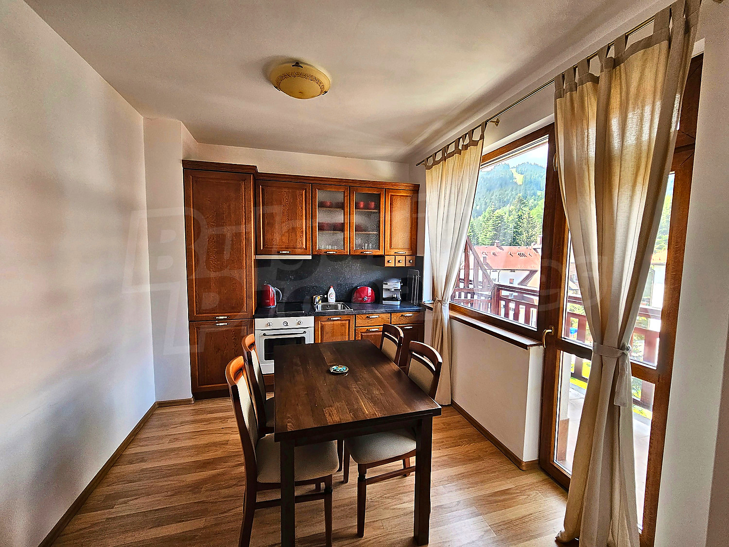 inside, kitchen, view from balcony