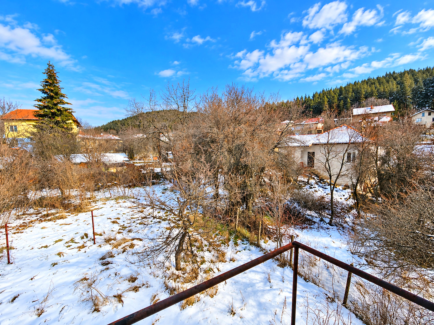 outside, view from balcony, mountain, green area