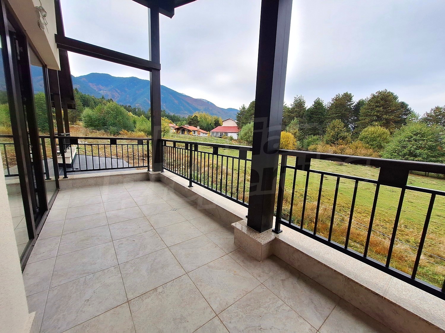 balcony, outside, view from balcony, mountain, green area
