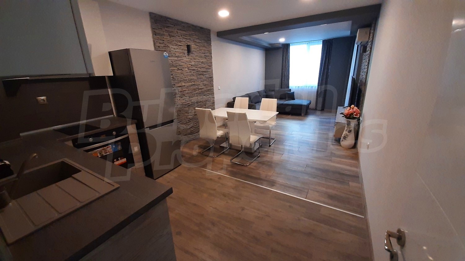 inside, kitchen, living room, furnished