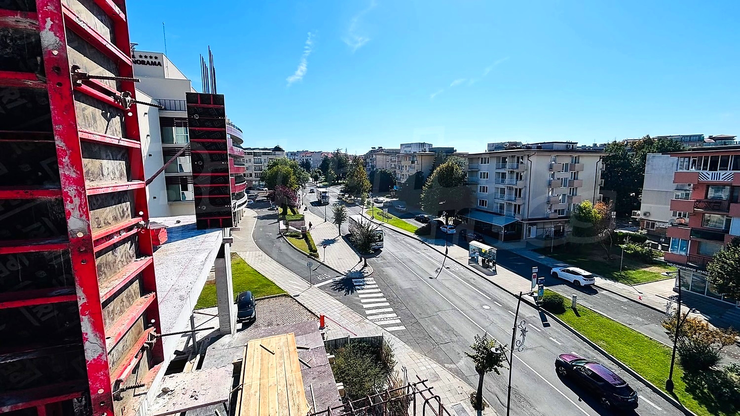 outside, view from balcony, facade, street