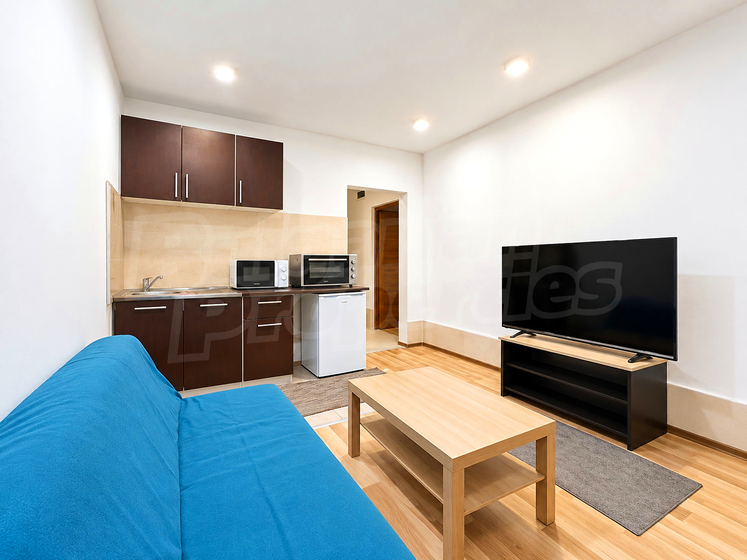 inside, kitchen, living room, furnished