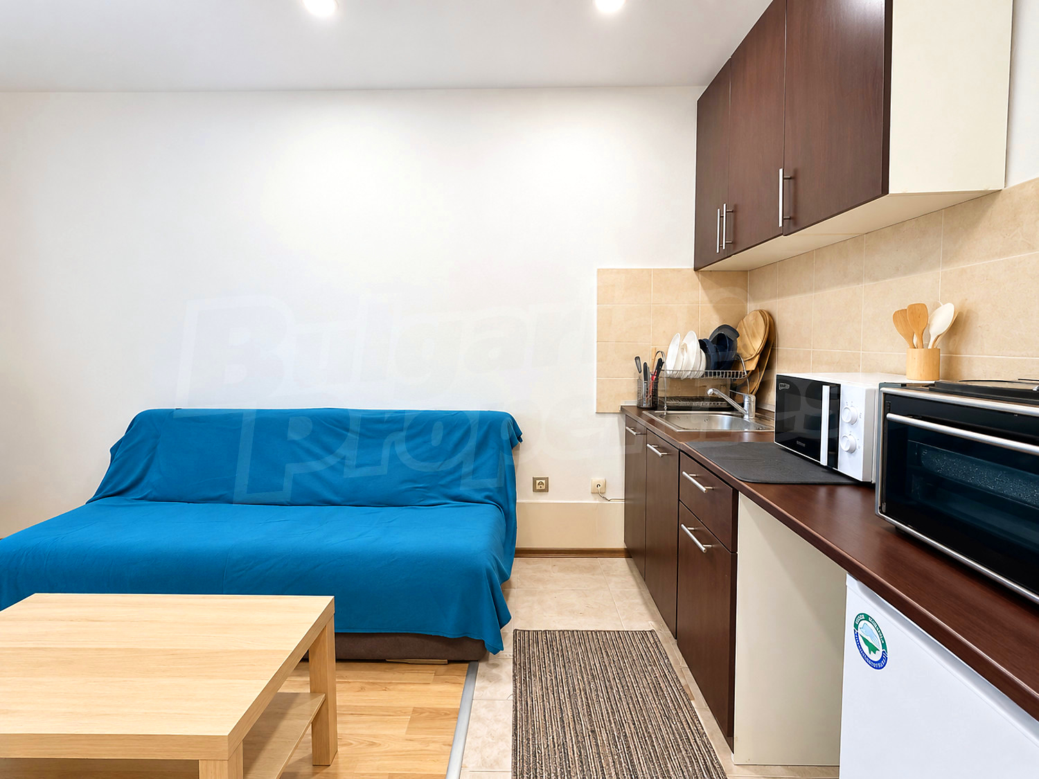 inside, kitchen, living room, furnished