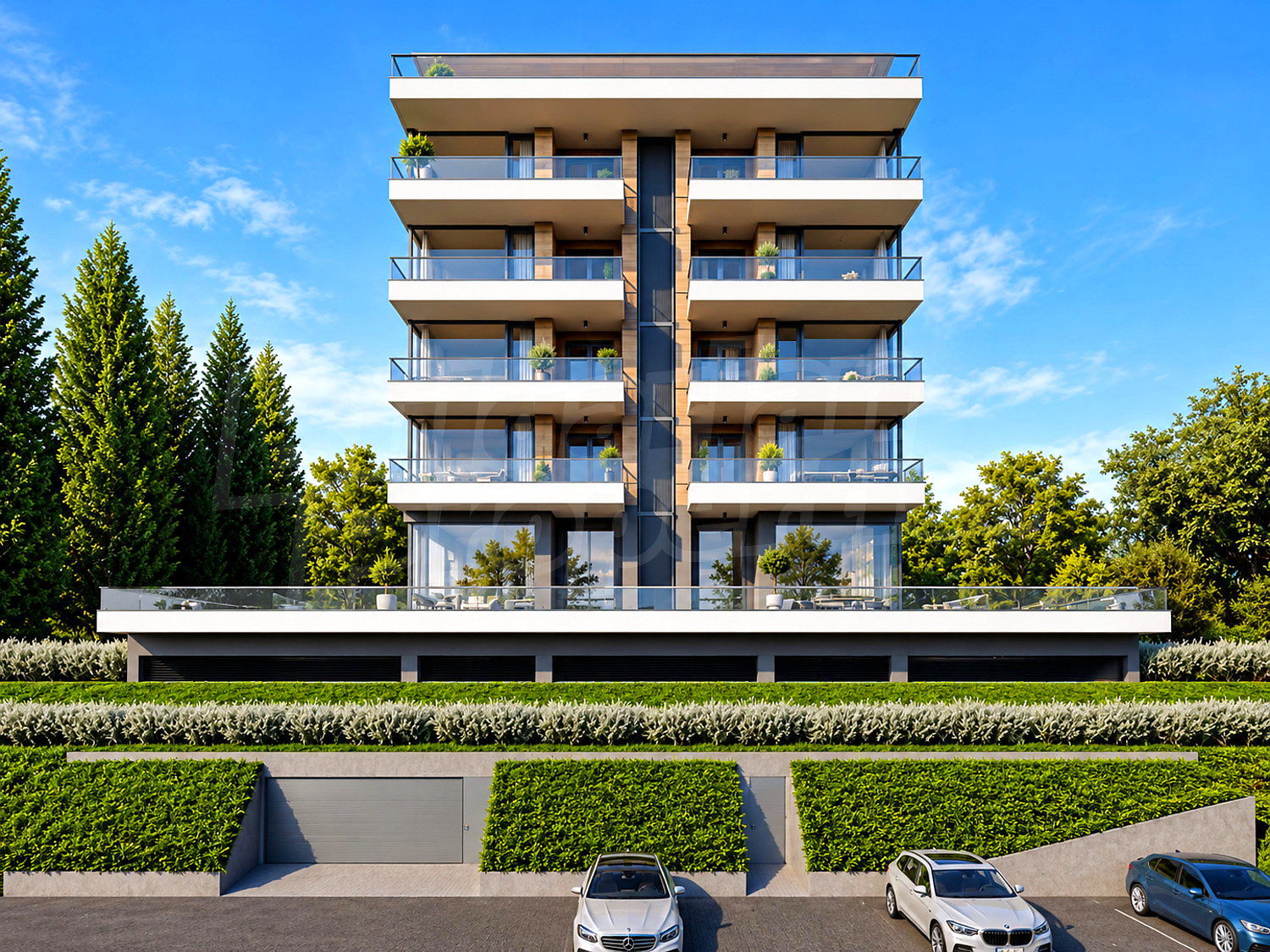 facade, outside, parking, green area