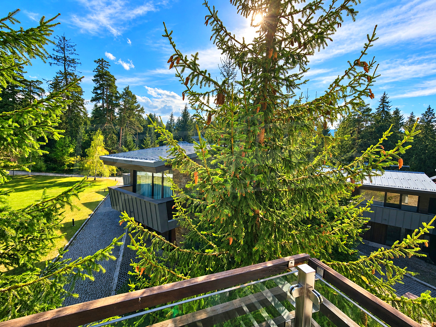 balcony, view from balcony, facade, green area