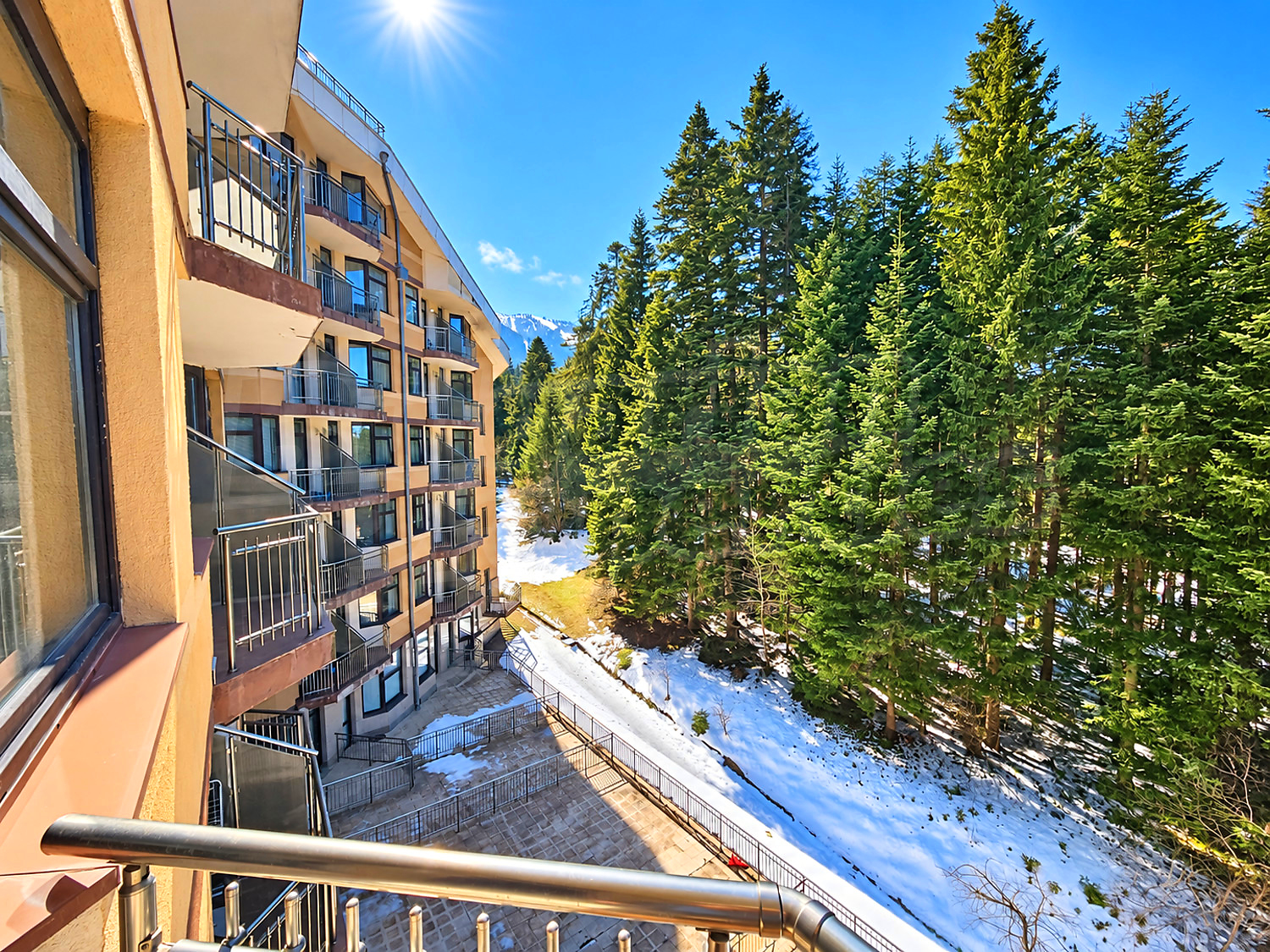 outside, view from balcony, mountain, green area