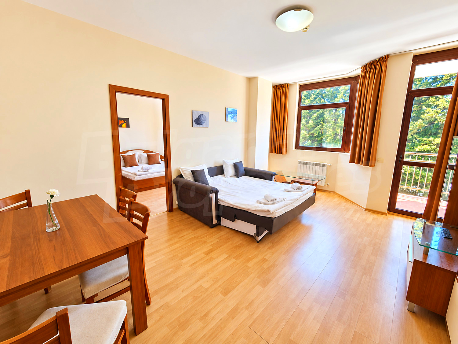 inside, bedroom, living room, balcony, furnished
