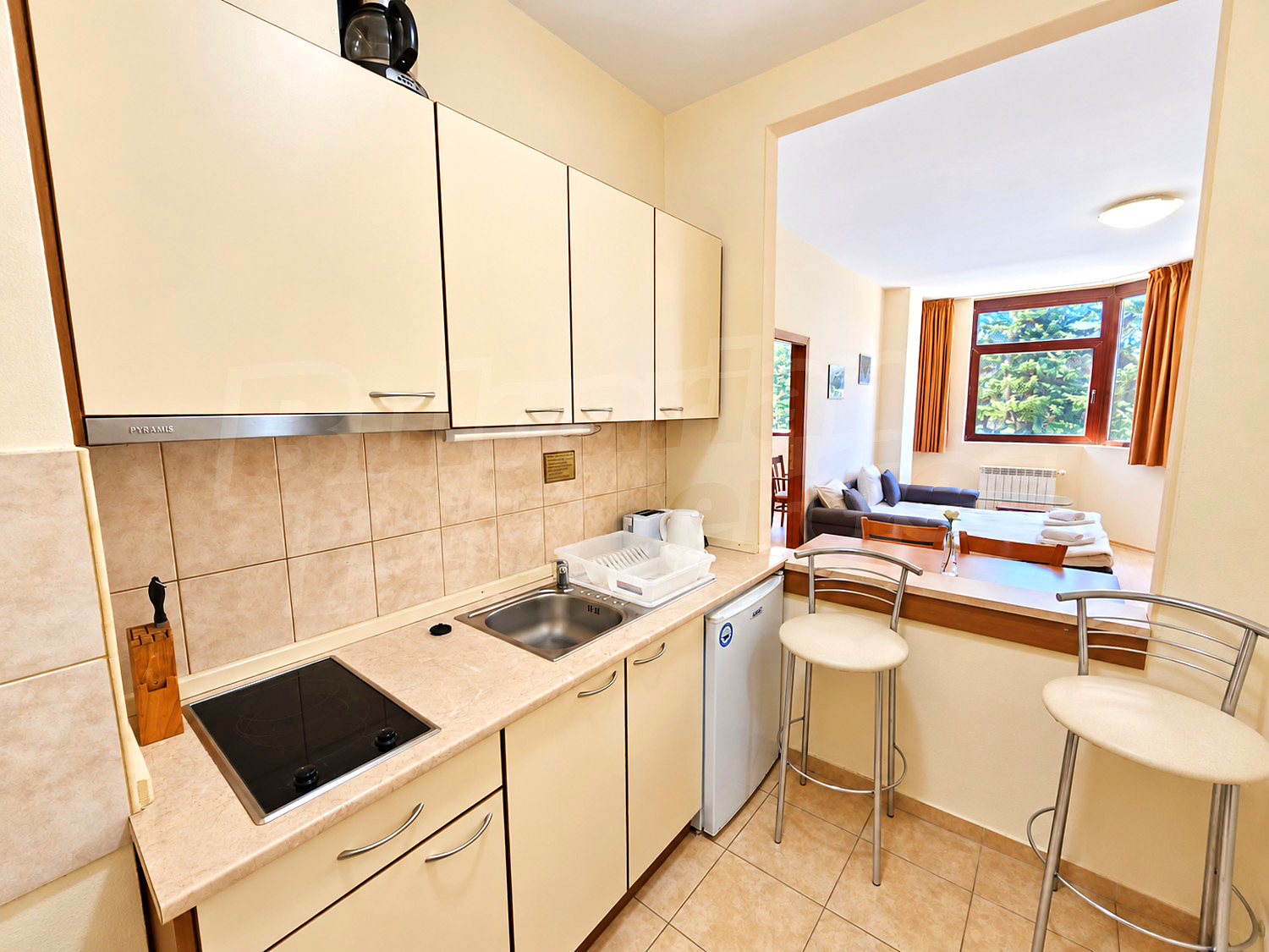 inside, kitchen, living room, furnished