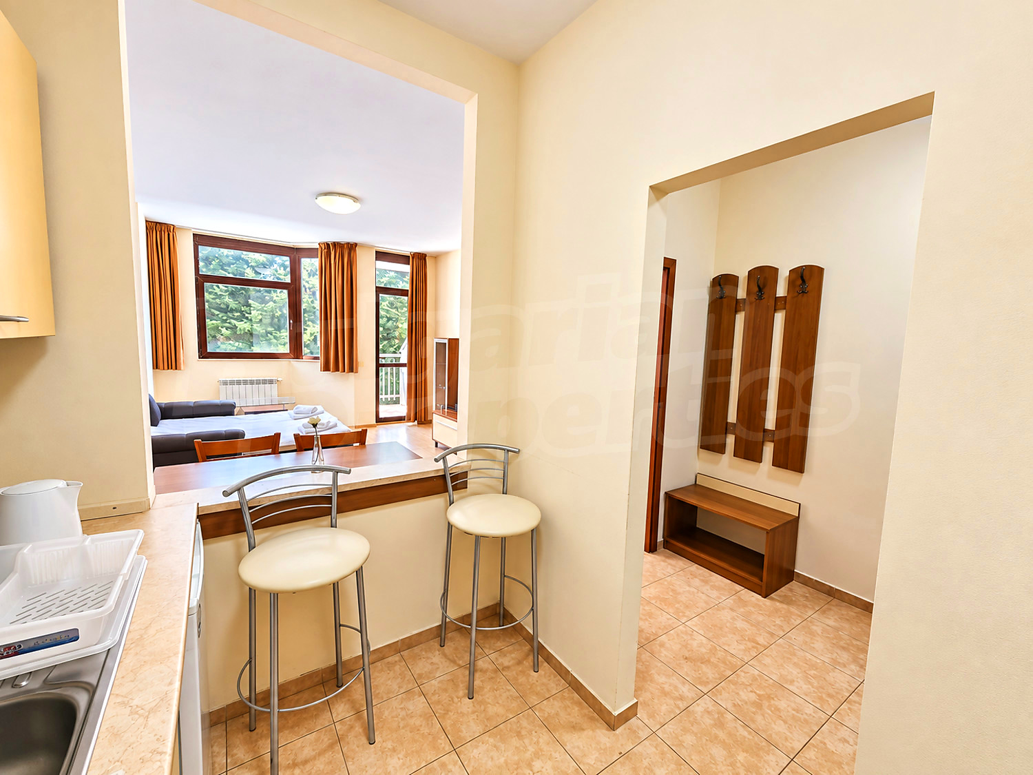 inside, kitchen, living room, furnished