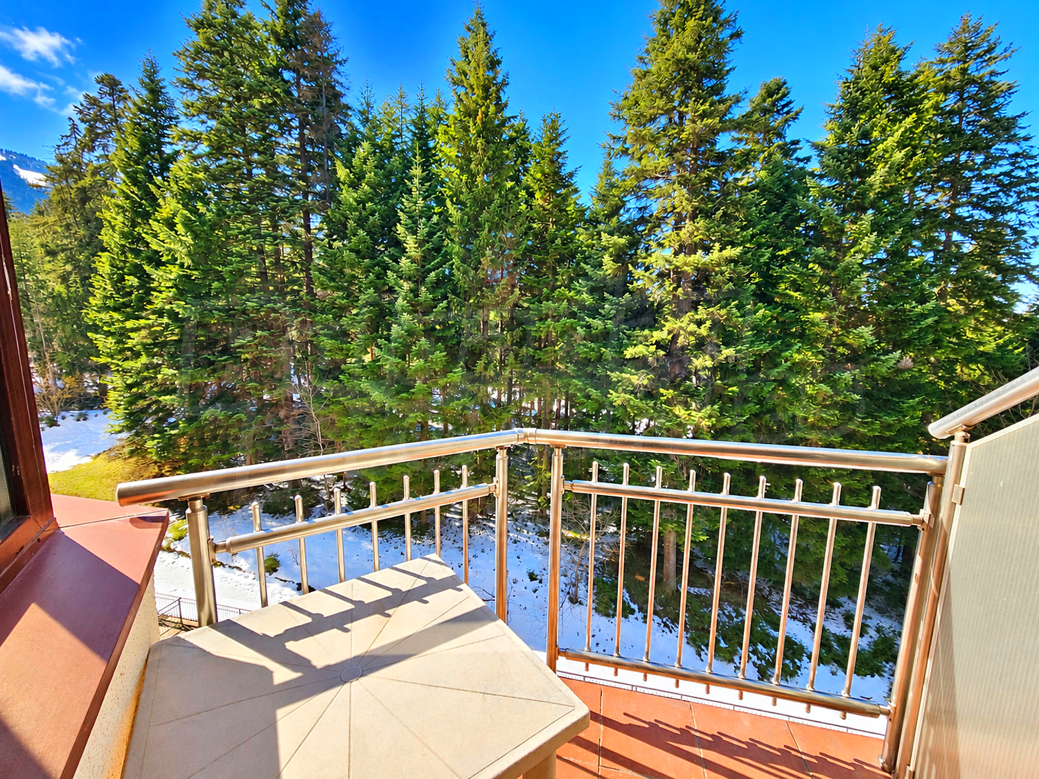 balcony, view from balcony, outside, mountain, green area
