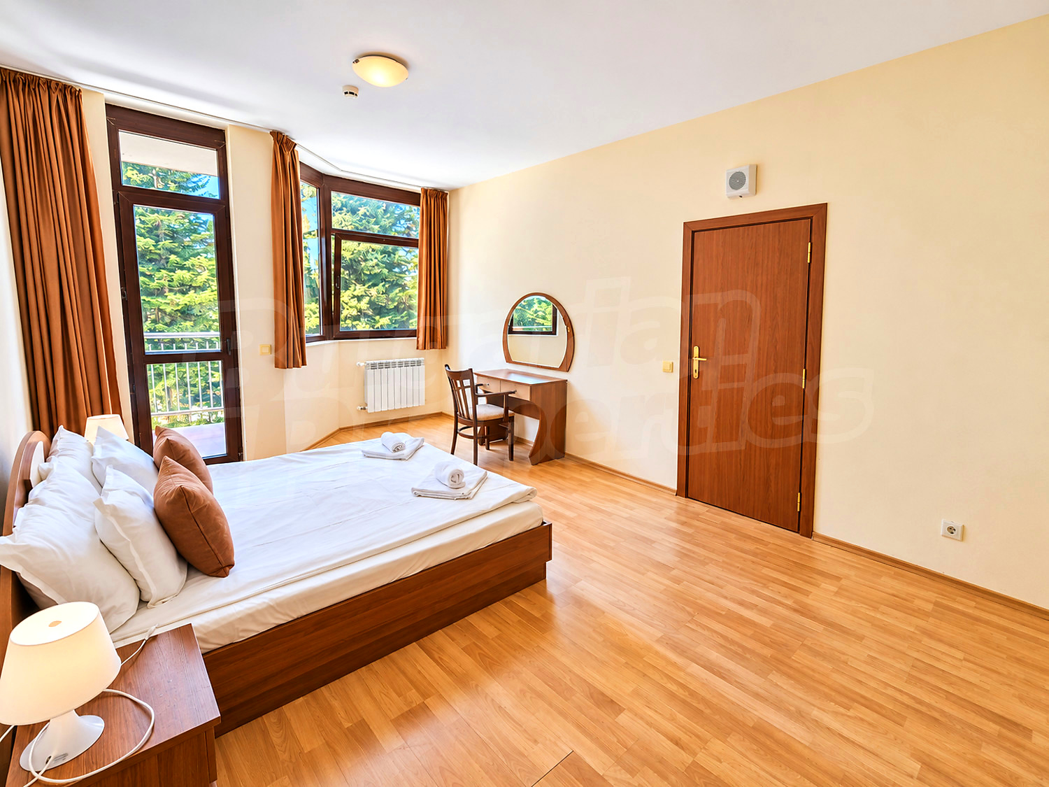 inside, bedroom, furnished, view from balcony