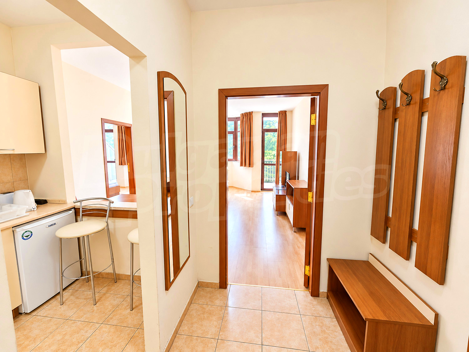 inside, kitchen, living room, furnished
