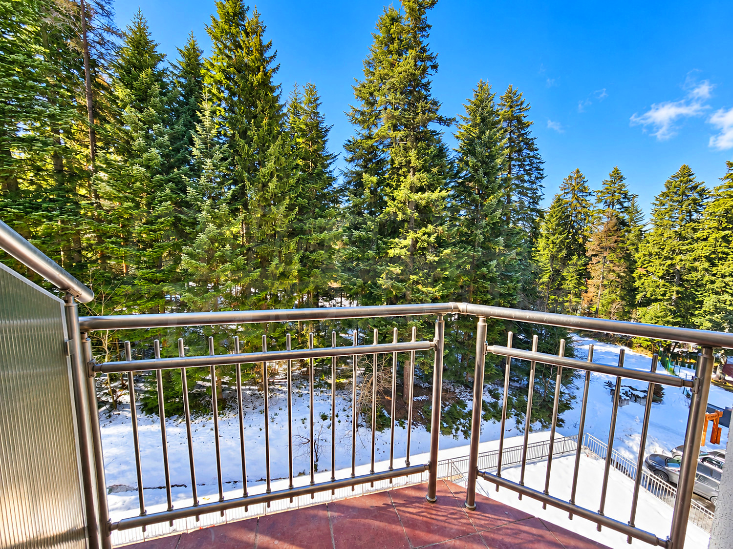 balcony, outside, view from balcony, mountain, green area