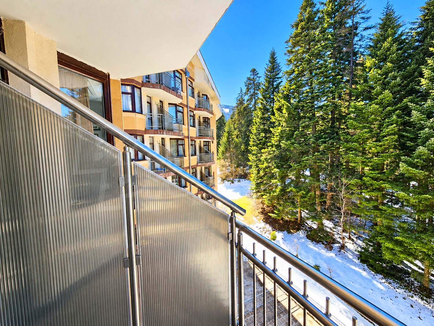 balcony, outside, view from balcony, mountain, green area