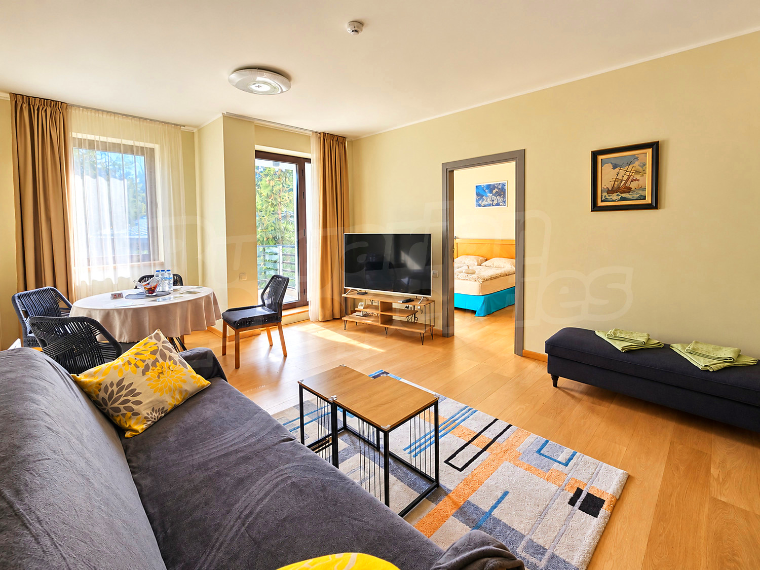 inside, living room, bedroom, balcony, furnished