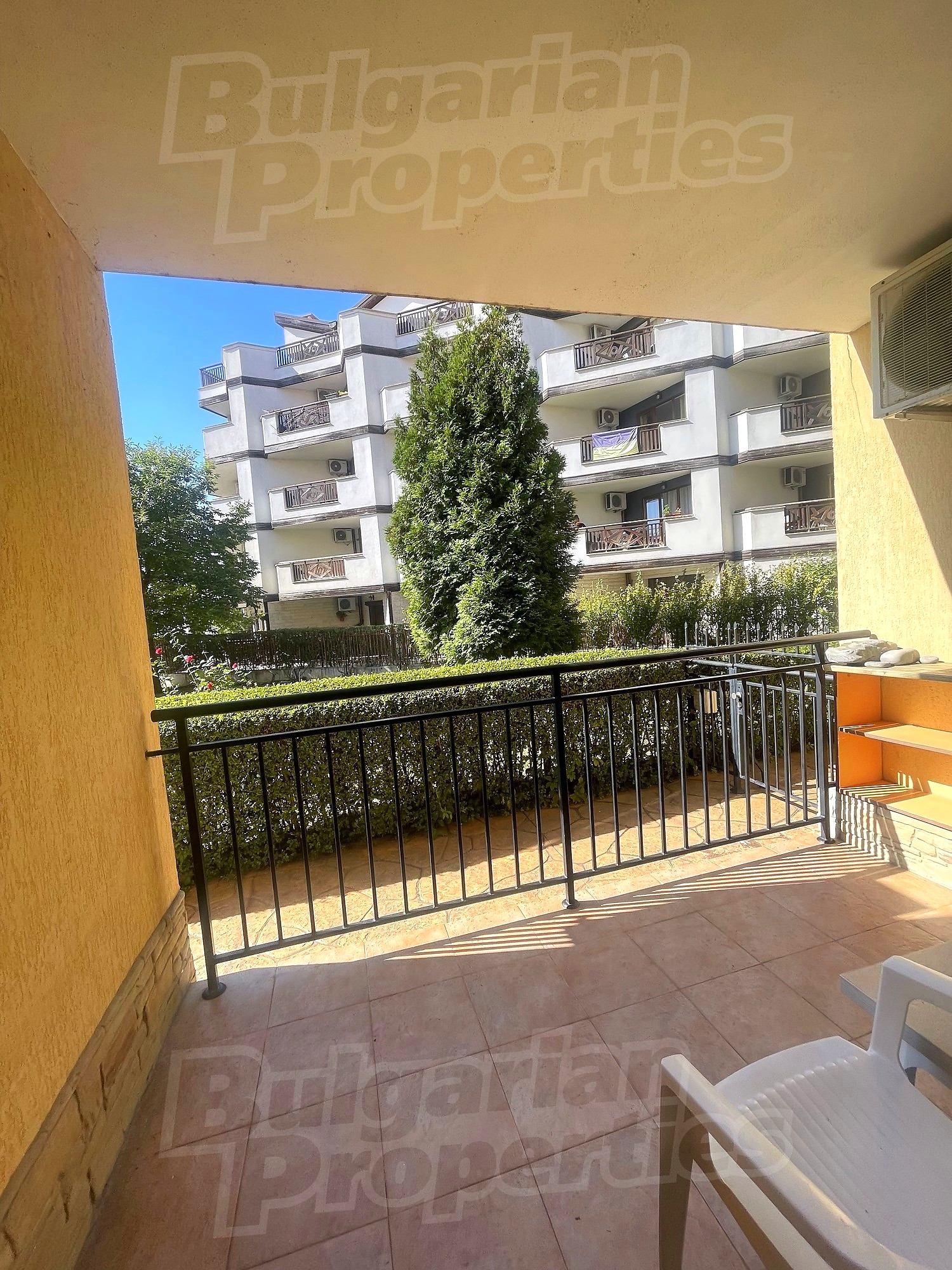 balcony, outside, view from balcony, facade, garden