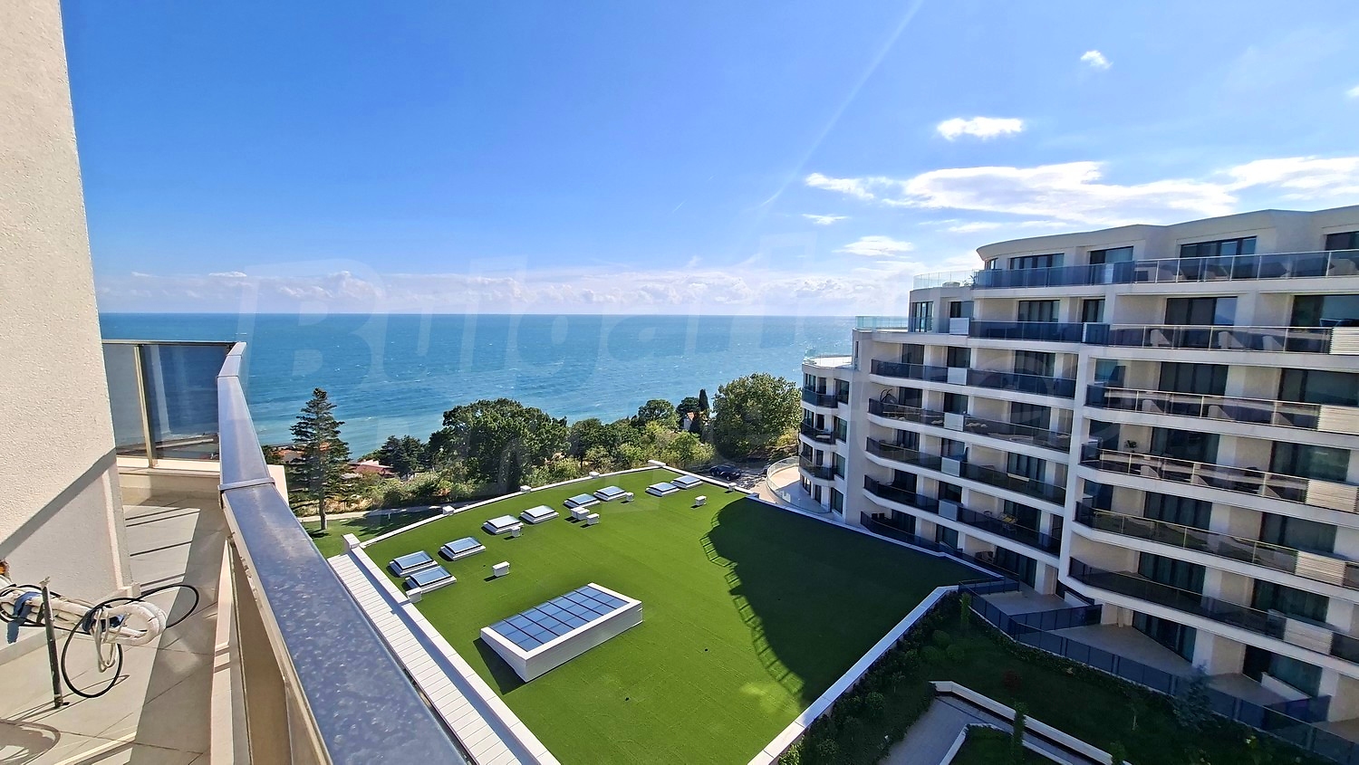 balcony, view from balcony, sea, green area