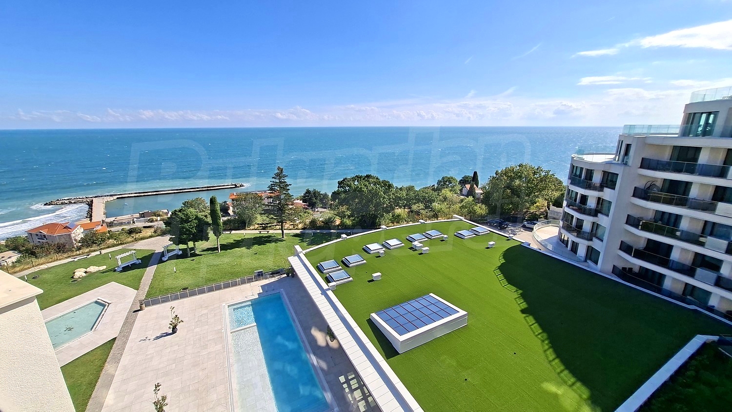 outside, pool, sea, view from balcony, green area
