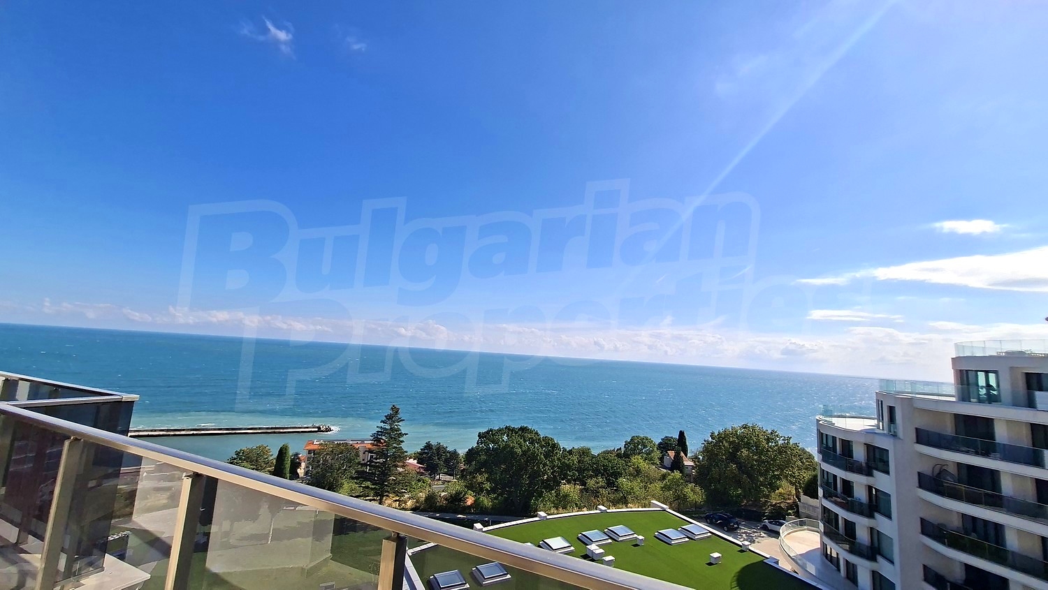 outside, view from balcony, sea, facade, green area