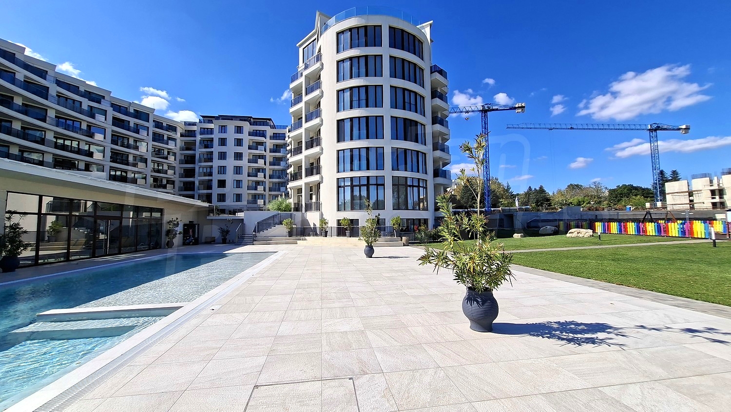 outside, facade, pool, garden, parking, green area