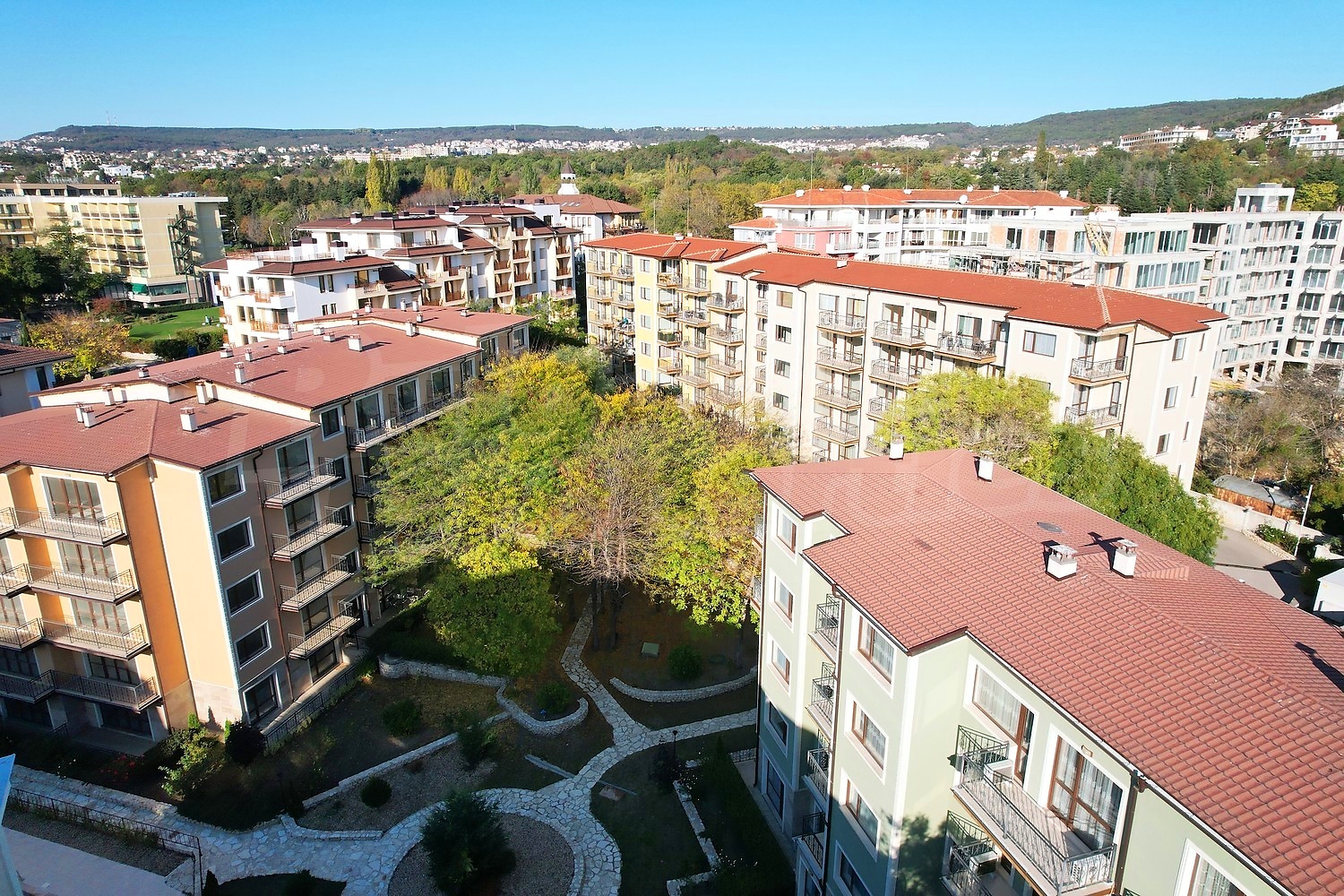 outside, view from balcony, facade, green area