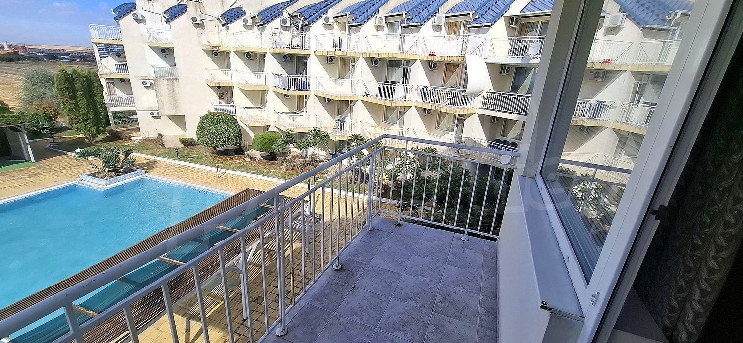balcony, view from balcony, pool, facade, outside