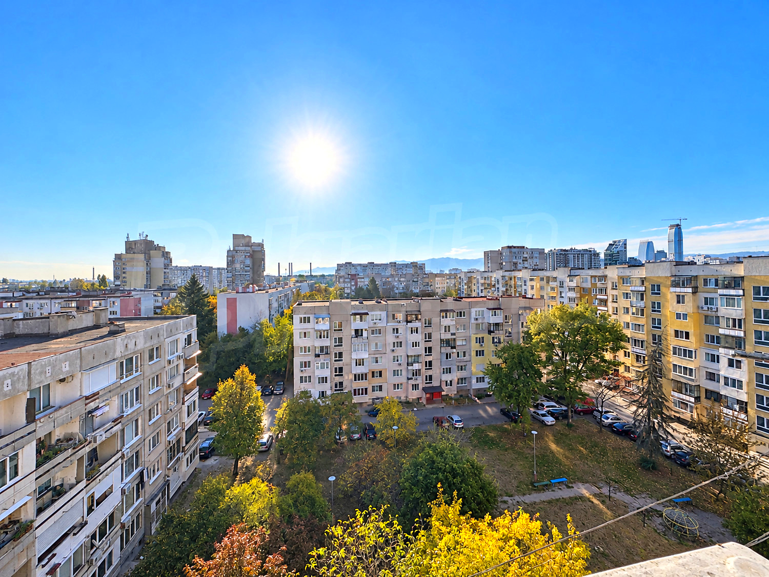 outside, view from balcony, green area