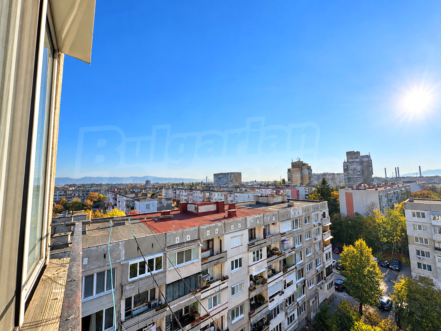 outside, view from balcony, mountain, green area