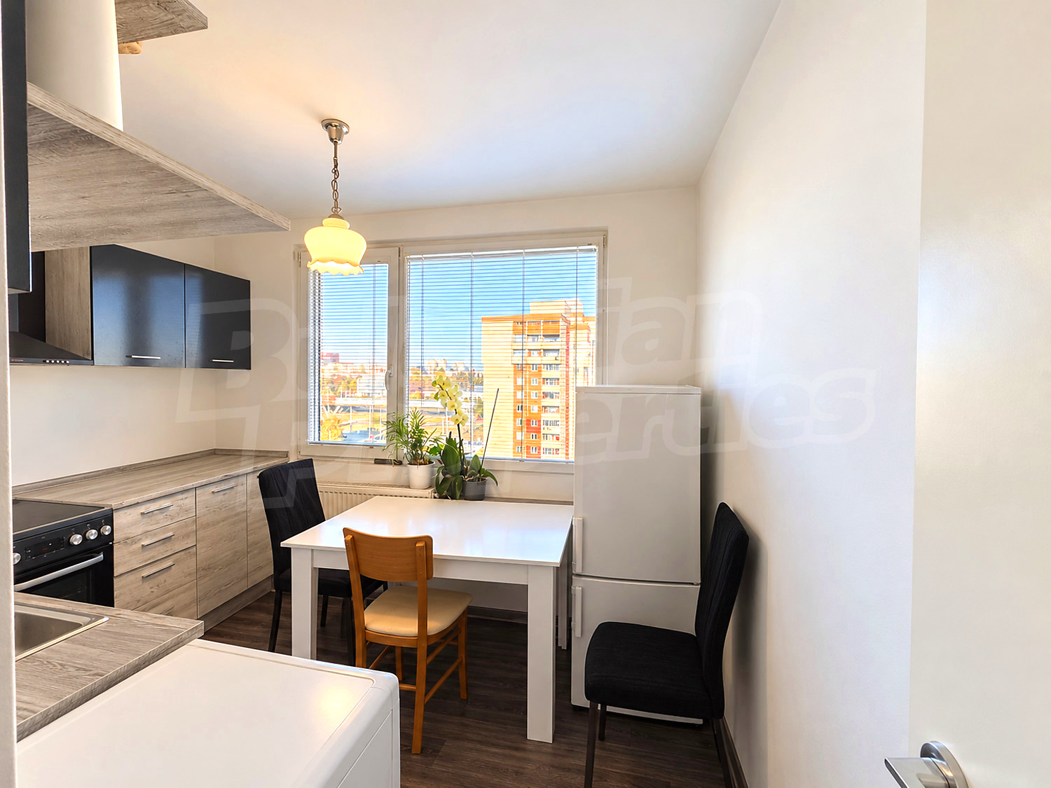 inside, kitchen, view from balcony, furnished