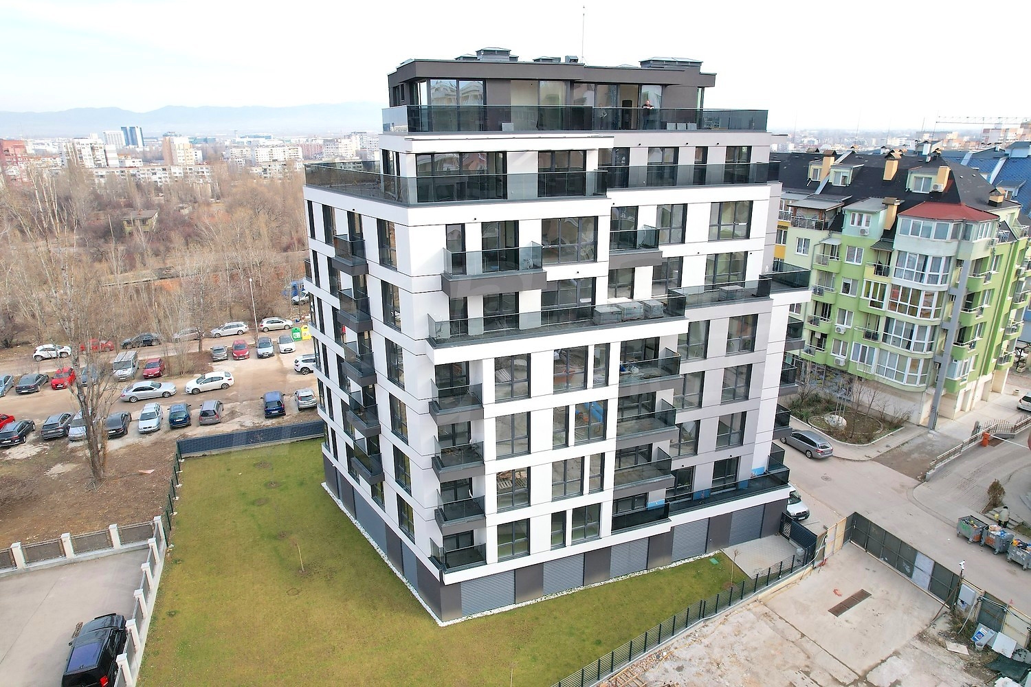 facade, outside, parking, green area