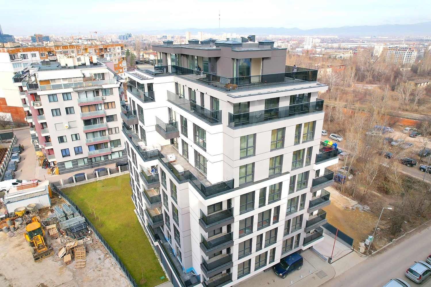 outside, facade, view from balcony, green area