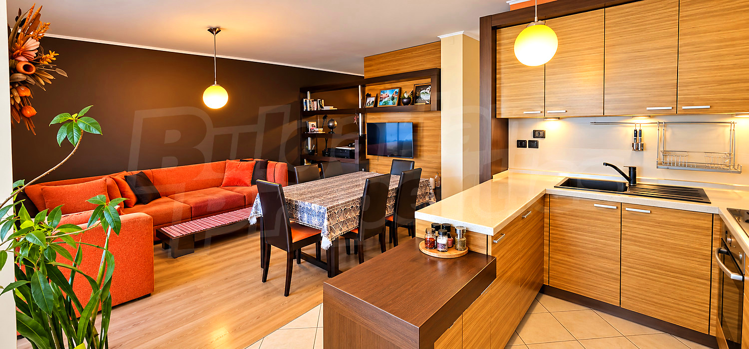 inside, kitchen, living room, furnished