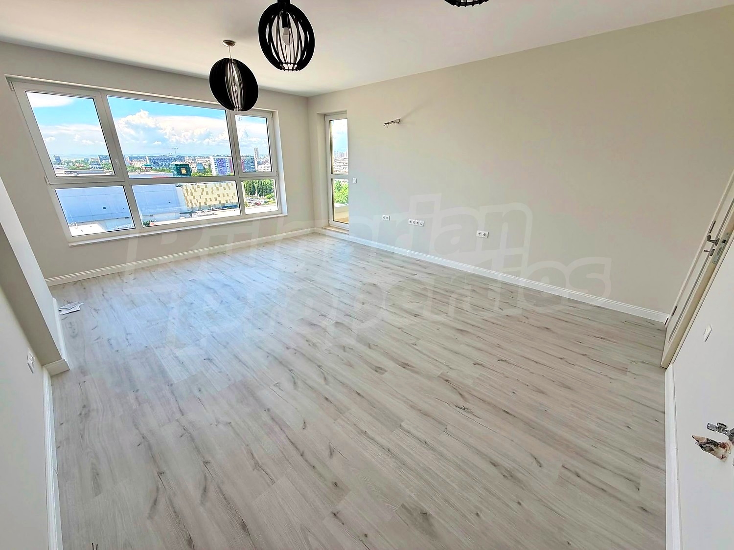inside, living room, view from balcony, furnished
